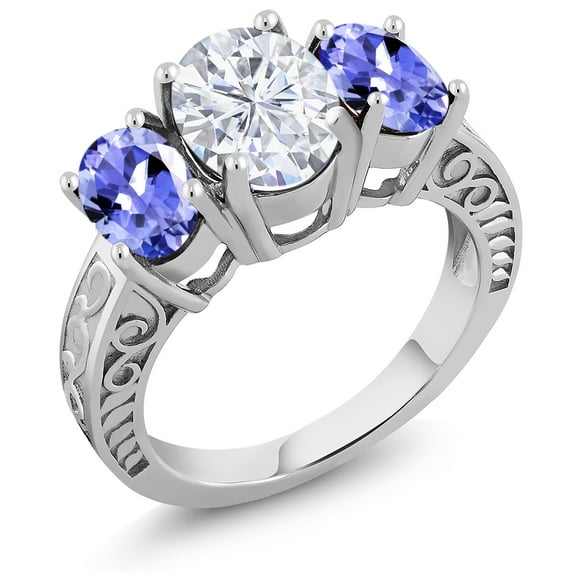 Gem Stone King 925 Sterling Silver Blue Tanzanite Ring Set with Moissanite (3.60 Cttw) (Size 6)