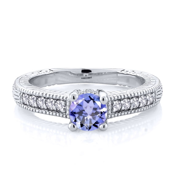 Gem Stone King 925 Sterling Silver Blue Tanzanite and White Created Sapphire Women's Solitaire Ring with Accent Stones (0.61 Cttw, Round Shape 5MM, Size 9)