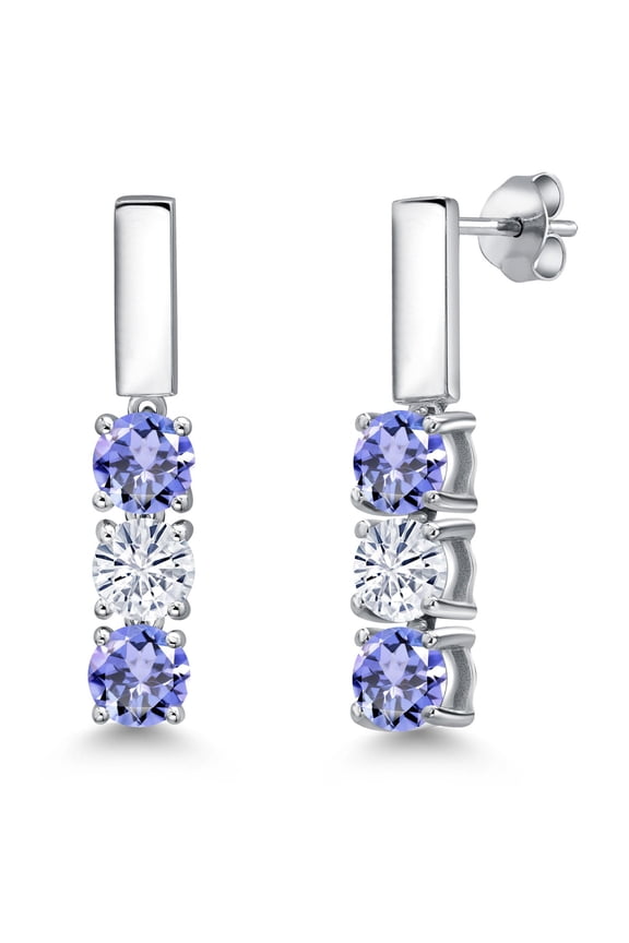 925 Sterling Silver Blue Tanzanite and White Moissanite Drop Dangle Earrings for Women | 1.42 Cttw | Gemstone December Birthstone | Round 5MM