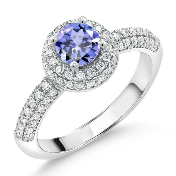 Gem Stone King 925 Sterling Silver Blue Tanzanite and White Moissanite Engagement Ring for Women (1.02 Cttw, Round 5MM, Available in Size 5, 6, 7, 8, 9)