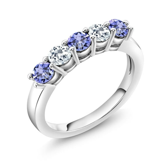 Gem Stone King 925 Sterling Silver Blue Tanzanite and White Topaz 5-Stone Wedding Anniversary Band Ring for Women (0.97 Cttw, Gemstone December Birthstone, Size 8)