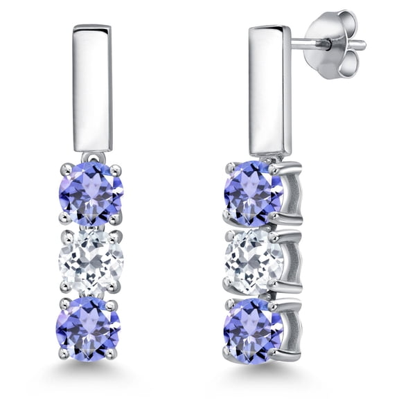 Gem Stone King 925 Sterling Silver Blue Tanzanite and White Topaz Drop Dangle Earrings for Women | 1.52 Cttw | Gemstone December Birthstone | Round 5MM