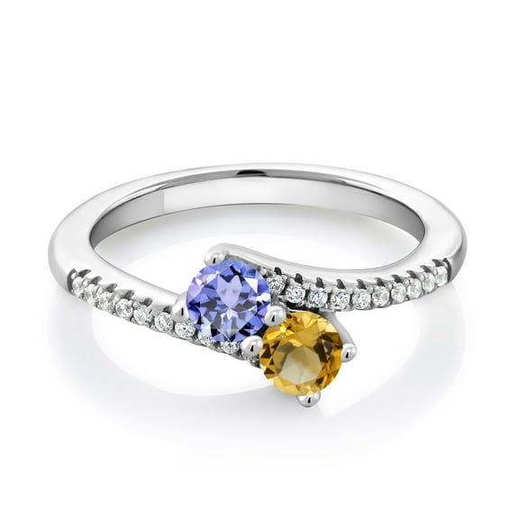 Gem Stone King 925 Sterling Silver Blue Tanzanite and Yellow Citrine Bypass Ring for Women (0.80 Cttw, Gemstone December Birthstone, Round 4MM, Available in Size 5, 6, 7, 8, 9)