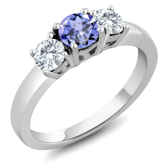 Gem Stone King 925 Sterling Silver 5mm Blue Tanzanite and Moissanite 3-Stone Women Ring 0.92 Cttw (Size 5)