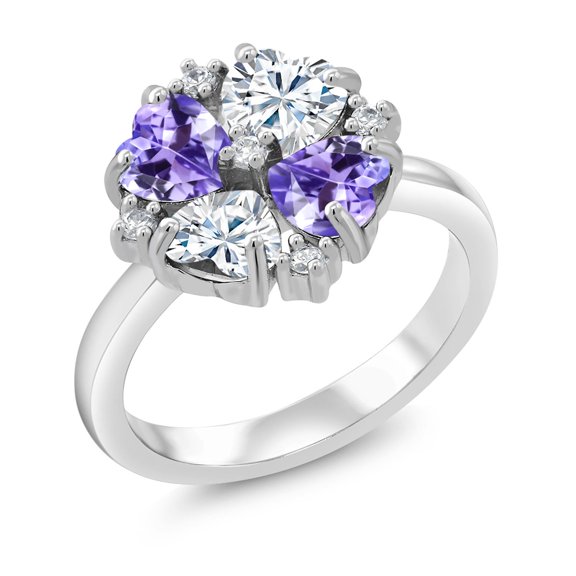 Gem Stone King 925 Sterling Silver Blue Tanzanite and Moissanite Ring for Women (2.08 Cttw, Heart Shape 5MM, Gemstone December Birthstone, Size 5)