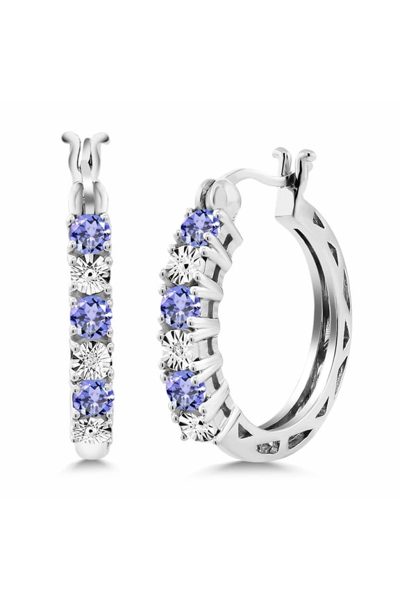 925 Sterling Silver Blue Tanzanite and White Lab Grown Diamond Accent Women's Hoop Earrings (0.91 Cttw, 22MM = 0.85 inches Diameter)