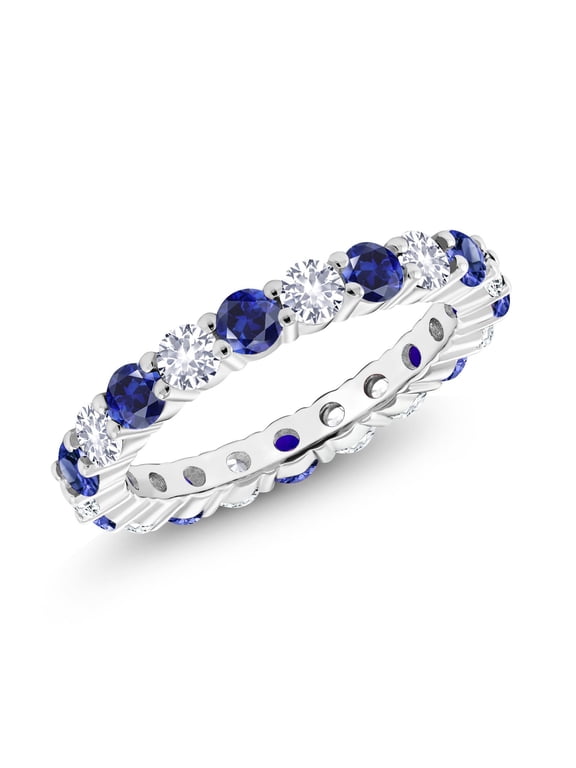925 Sterling Silver Blue and White Created Sapphire Eternity Wedding Band Ring for Women | 2.20 Cttw | Wedding Anniversary Promise Ring for Women | Size 7