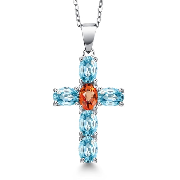 Gem Stone King 925 Sterling Silver Blue Zircon and Orange Sapphire Cross Pendant Necklace for Women | 3.80 Cttw | Gemstone Birthstone | Oval 6X4MM | With 18 inch Chain