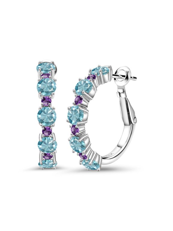 925 Sterling Silver Blue Zircon and Purple Amethyst Hoop Earrings for Women (5.32 Cttw, Round 4MM and 1.9MM, Gemstone Birthstone 1 inch Diameter)