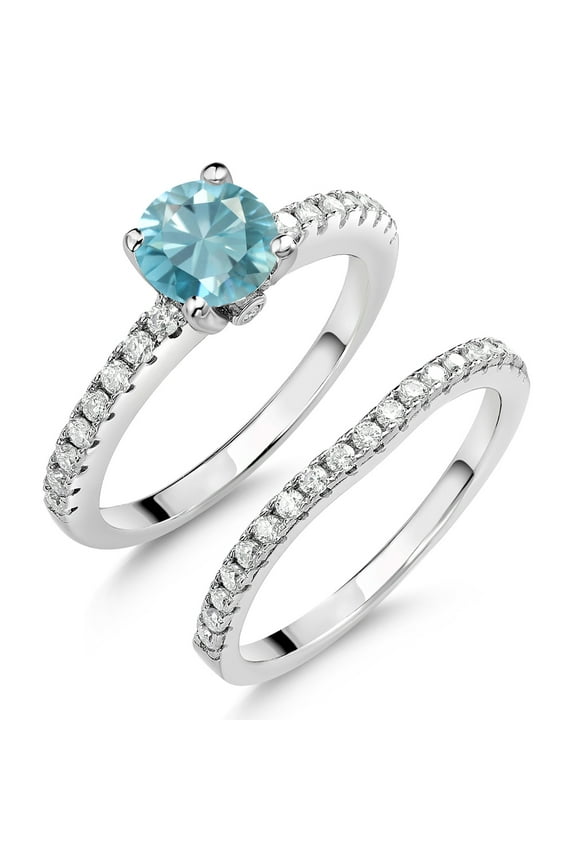 925 Sterling Silver Blue Zircon and White Moissanite Wedding Engagement Band Bridal Set Ring for Women (1.69 Cttw, Gemstone December Birthstone, Available in Size 5, 6, 7, 8, 9)