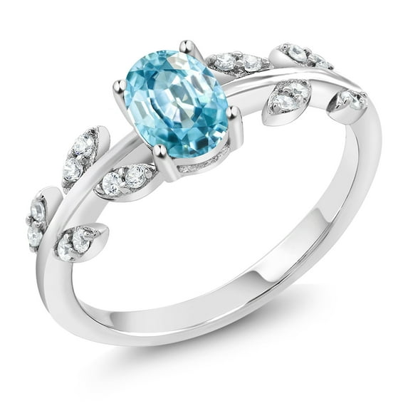 Gem Stone King 925 Sterling Silver Blue Zircon Women Solitaire Olive Vine Ring (1.46 Ct Oval)