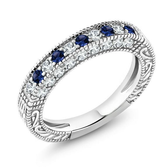 Gem Stone King Blue and White Created Sapphire Wedding Band Ring for Women | 925 Sterling Silver | 1.00 Cttw | Wedding Anniversary Promise Ring for Women | Size 8