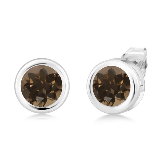 Gem Stone King 925 Sterling Silver Brown Smoky Quartz Bezel Setting Earrings for Women Men (1.60 Cttw, Round 6MM)