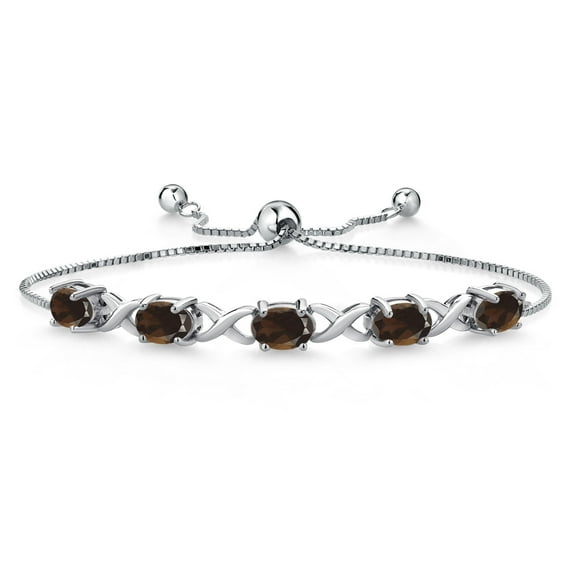 Gem Stone King 925 Sterling Silver Brown Smoky Quartz Bracelet for Women (3.75 Cttw, Gemstone, Oval 7X5MM, Fully Adjustable up to 9 inches)