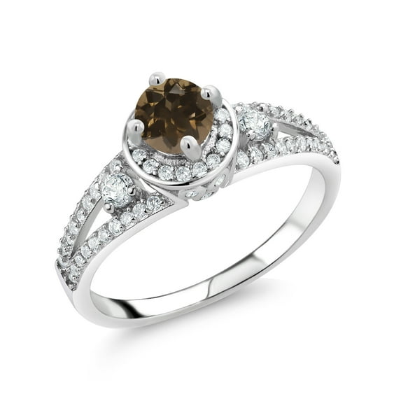 Gem Stone King 925 Sterling Silver Brown Smoky Quartz Engagement Ring for Women (1.44 Cttw, Round 5MM, Gemstone Birthstone, Size 5)