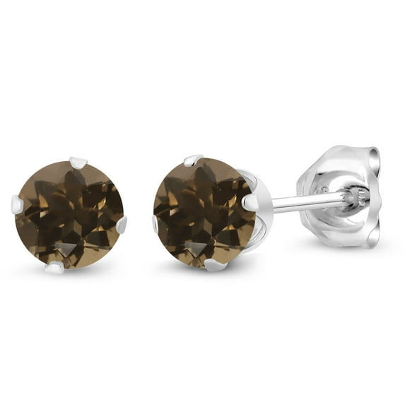 Gem Stone King 925 Sterling Silver Brown Smoky Quartz Stud Earrings for Women Men 0.52 Ct Round 4MM