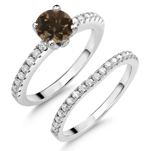 Gem Stone King 925 Sterling Silver Brown Smoky Quartz and White Moissanite Wedding Engagement Band Bridal Set Ring for Women (1.29 Cttw, Gemstone, Available in Size 5, 6, 7, 8, 9)