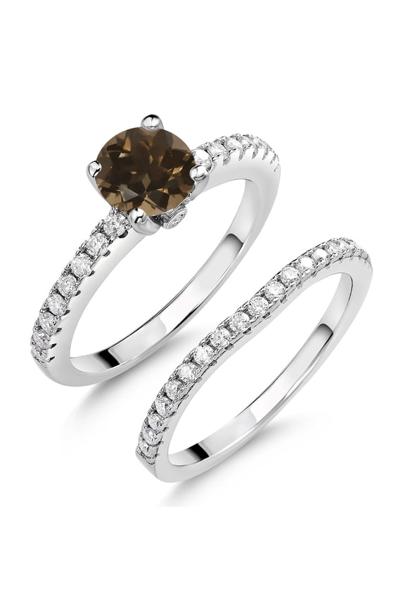 925 Sterling Silver Brown Smoky Quartz and White Moissanite Wedding Engagement Band Bridal Set Ring for Women (1.29 Cttw, Gemstone, Available in Size 5, 6, 7, 8, 9)