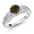 thumbnail image 1 of Gem Stone King 925 Sterling Silver Brown Smoky Quartz and White Moissanite Engagement Ring for Women (1.27 Cttw, Gemstone, Round 6MM and 3MM, Size 6), 1 of 4