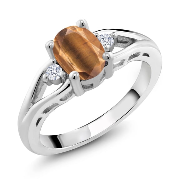 Gem Stone King 925 Sterling Silver Brown Tiger Eye 3 Stone Engagement Ring for Women | 1.31 Cttw | Oval 8X6MM | Round 2MM | Gemstone Birthstone | Size 8
