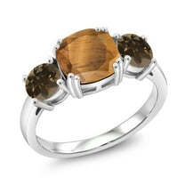 Gem Stone King 925 Sterling Silver Brown Tiger Eye and Brown Smoky Quartz 3 Stone Engagement Ring for Women (3.00 Cttw, Gemstone, Cushion 8MM, Size 5)