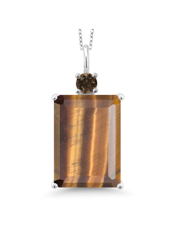 925 Sterling Silver Brown Tiger Eye and Brown Smoky Quartz Pendant Necklace for Women (12.26 Cttw, Emerald Cut 18X13MM, With 18 inch Silver Chain)
