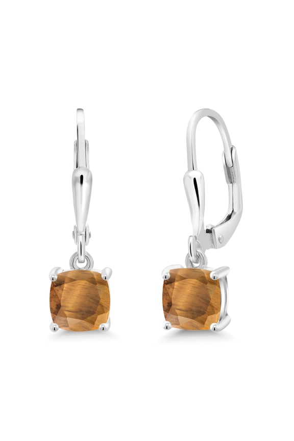 925 Sterling Silver Brown Tiger Eye Dangle Earrings for Women (2.00 Cttw, Gemstone Birthstone, Cushion 6MM)