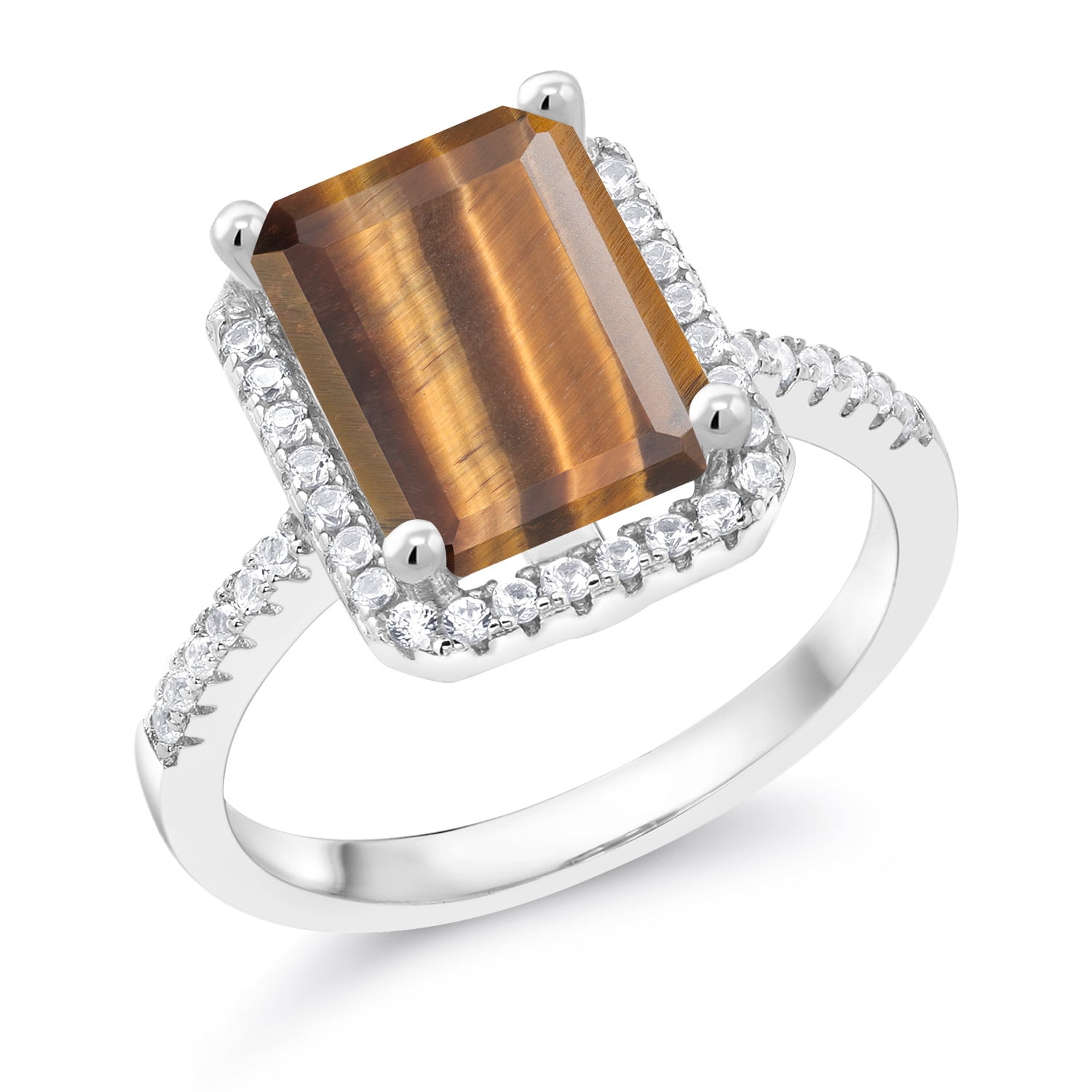 Gem Stone King 925 Sterling Silver Brown Tiger Eye Engagement Ring for Women (3.36 Cttw, Emerald Cut 10X8MM, Gemstone Birthstone, Size 7)