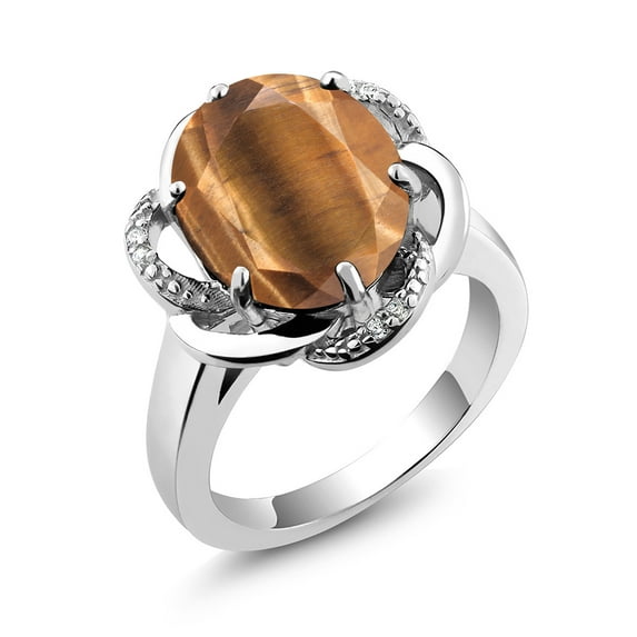 Gem Stone King 925 Sterling Silver Brown Tiger Eye Engagement Ring for Women (4.07 Cttw, Gemstone Birthstone, Oval 12X10MM, Size 7)