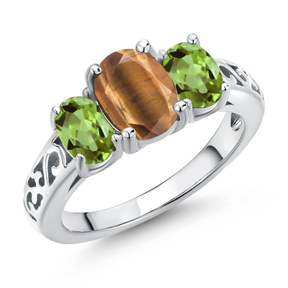 Gem Stone King 925 Sterling Silver Brown Tiger Eye and Green Peridot Filigree Style 3 Stone Ring for Women (2.25 Cttw, Oval 8X6MM and 6X4MM) (Size 8)