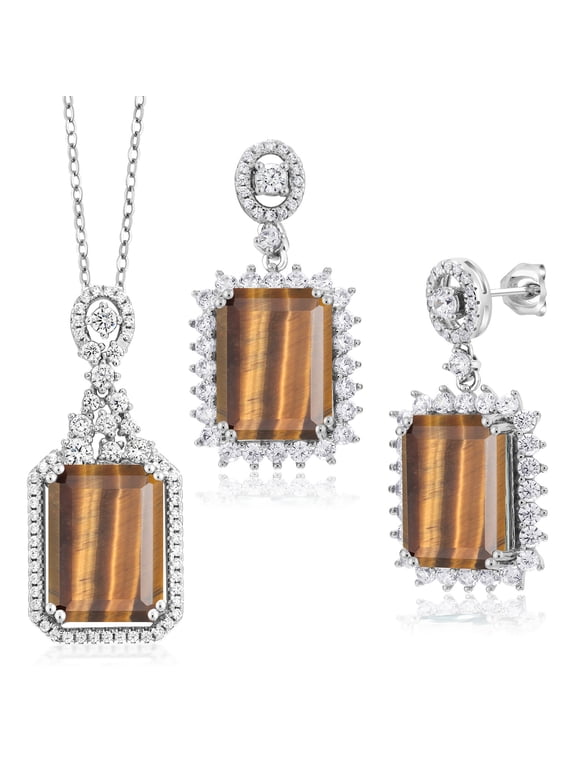 925 Sterling Silver Brown Tiger Eye Pendant and Earrings Jewelry Set for Women (20.60 Cttw, Emerald Cut 14X10MM, Gemstone, with 18 inch Chain)