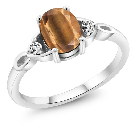 Gem Stone King 925 Sterling Silver Brown Tiger Eye and White Diamond 3-Stone Rings for Women (1.32 Cttw, Gemstone, Oval 8X6MM, Available in Size 5, 6, 7, 8, 9)