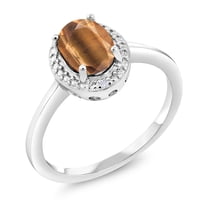 Gem Stone King 925 Sterling Silver Brown Tiger Eye and White Diamond Engagement Ring for Women (1.26 Cttw, Gemstone Birthstone, Oval 8X6MM, Available in Size 5, 6, 7, 8, 9)