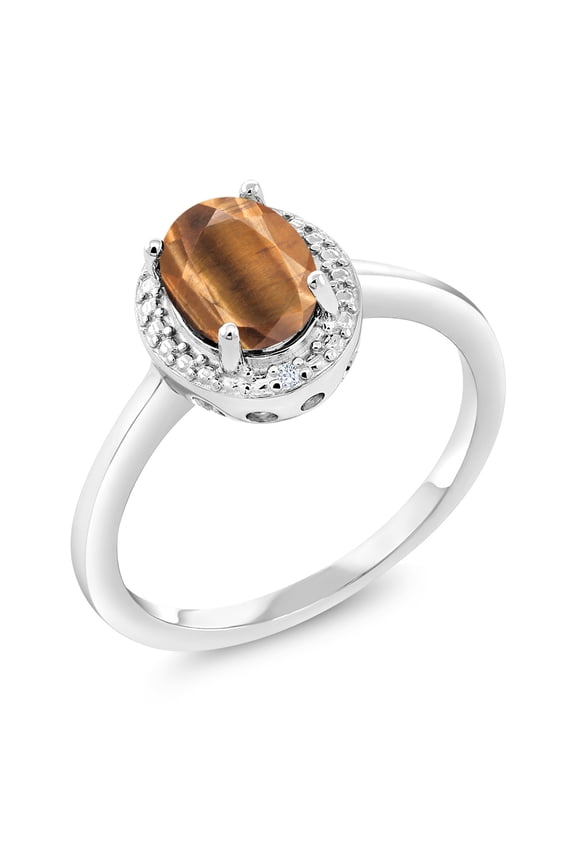 925 Sterling Silver Brown Tiger Eye and White Diamond Engagement Ring for Women (1.26 Cttw, Gemstone Birthstone, Oval 8X6MM, Available in Size 5, 6, 7, 8, 9)