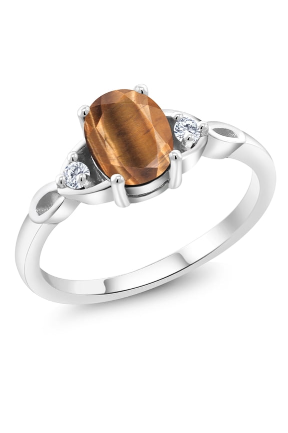 925 Sterling Silver Brown Tiger Eye and White Lab Grown Diamond 3-Stone Rings for Women (1.33 Cttw, Gemstone, Oval 8X6MM, Available in Size 5, 6, 7, 8, 9)