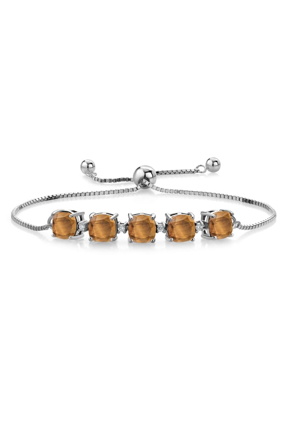 925 Sterling Silver Brown Tiger Eye and White Lab Grown Diamond Tennis Bracelet for Women (5.06 Cttw, Cushion 6MM, Gemstone Birthstone, Fully Adjustable up to 9 inch)