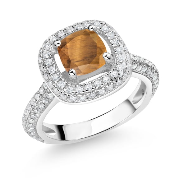 Gem Stone King 925 Sterling Silver Brown Tiger Eye and White Moissanite Engagement Ring for Women (1.63 Cttw, Cushion 6MM, Gemstone, Size 5)