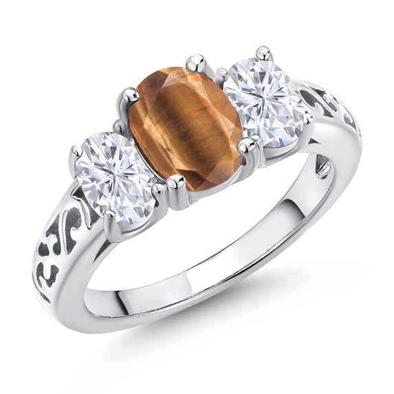 Gem Stone King 925 Sterling Silver Brown Tiger Eye and White Moissanite Filigree Style 3 Stone Ring for Women (2.25 Cttw, Oval 8X6MM and 6X4MM) (Size 6)