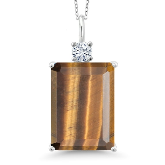 Gem Stone King 925 Sterling Silver Brown Tiger Eye and White Moissanite Pendant Necklace for Women (12.23 Cttw, Emerald Cut 18X13MM, With 18 inch Silver Chain)