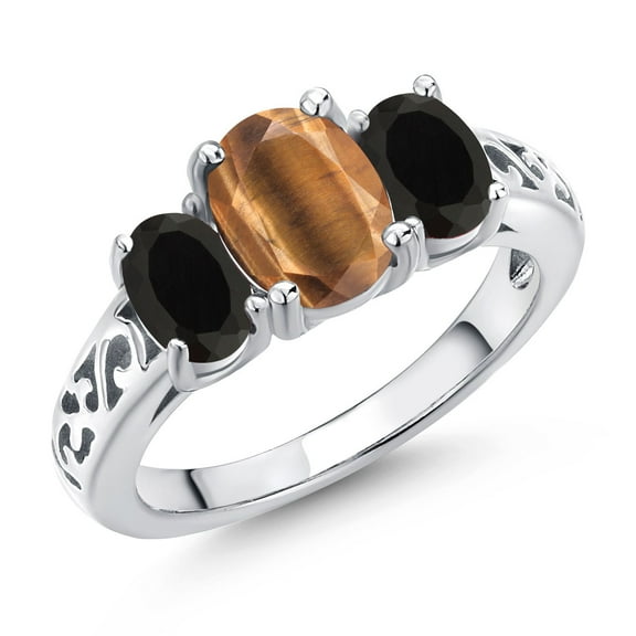 Gem Stone King 925 Sterling Silver Brown Tiger Eye and Black Onyx Filigree Style 3 Stone Ring for Women (2.05 Cttw, Oval 8X6MM and 6X4MM, Size 7) (Size 7)