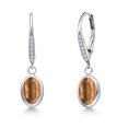 thumbnail image 1 of Gem Stone King 925 Sterling Silver Brown Tiger Eye and Lab Grown Diamond Earrings for Women | 2.60 Cttw | Gemstone Birthstone | Oval 8X6MM, 1 of 6