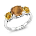 thumbnail image 1 of Gem Stone King 925 Sterling Silver Brown Tiger Eye and Yellow Citrine 3 Stone Engagement Ring for Women (3.45 Cttw, Gemstone, Cushion 8MM, Size 8), 1 of 5
