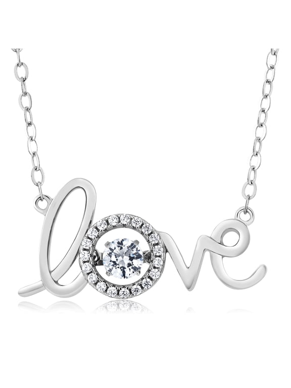 925 Sterling Silver CZ Simulated Diamond Dancing I Love You Pendant Necklace for Women (0.55 Cttw, Round 4MM, with 18 inch Chain)