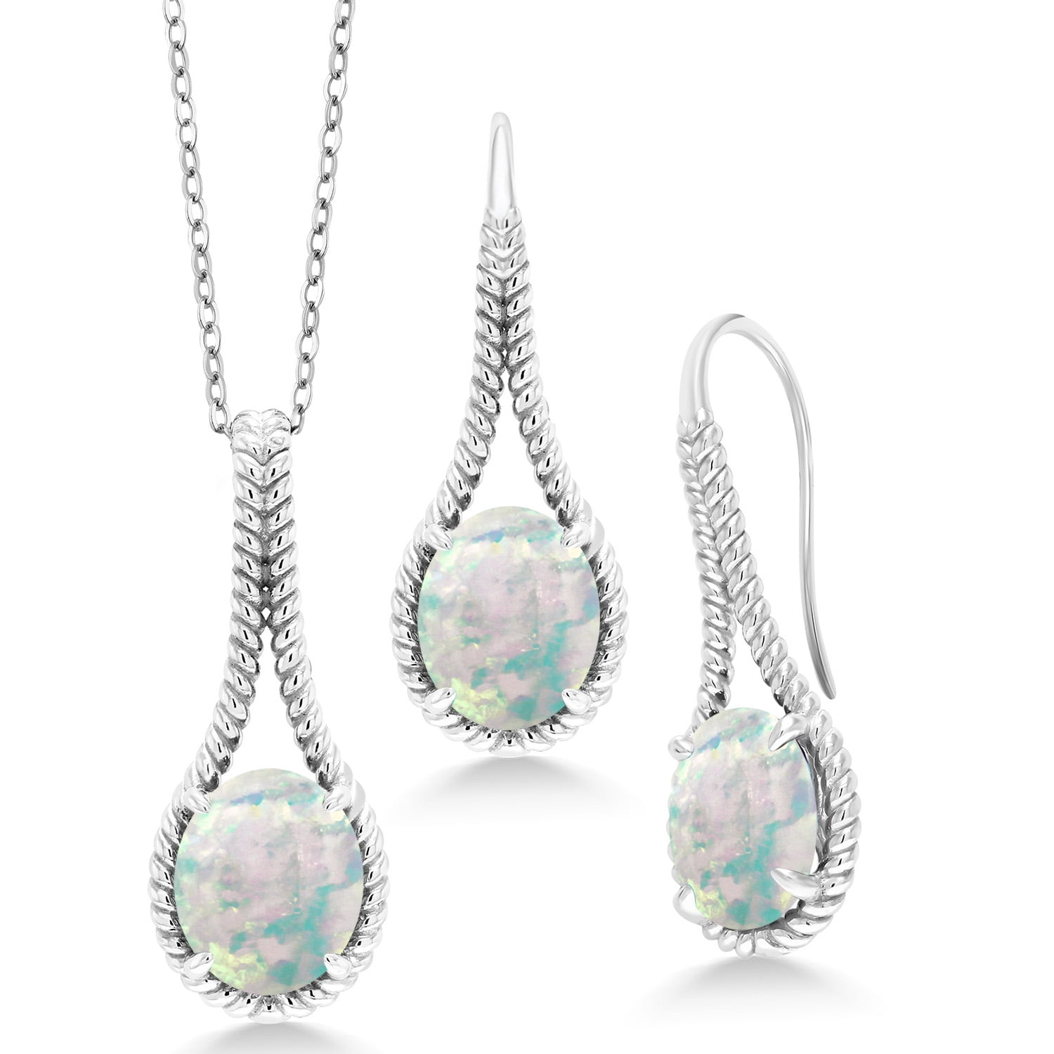 Gem Stone King 6.60 Ct Green Simulated Emerald Pendant & Earrings Set In 925 Sterling Silver With Chain - Oval Birthstone Jewelry