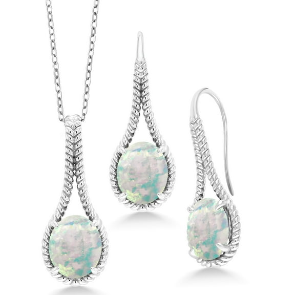 Gem Stone King 925 Sterling Silver Cabochon White Simulated Opal Pendant and Earrings Jewelry Set for Women (12.00 Cttw, With 18 inch Chain)