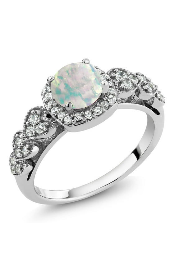 925 Sterling Silver Cabochon White Simulated Opal Ring for Women (0.62 Cttw, Available 5,6,7,8,9)