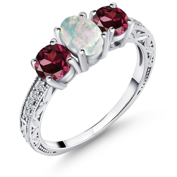 Gem Stone King 1.95 Cttw Cabochon White Simulated Opal and Red Rhodolite Garnet Ring for Women | 925 Sterling Silver | Wedding Engagement Anniversary Promise Ring for Women | Size 8