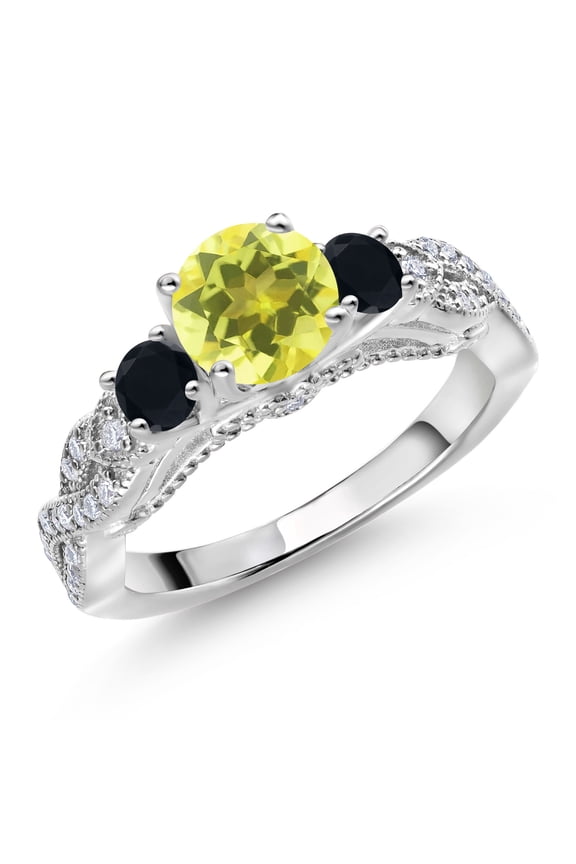 925 Sterling Silver Canary Mystic Topaz Black Onyx and White Moissanite Engagement Ring for Women (1.47 Cttw, Gemstone, Round 6MM and 3MM, Size 5)