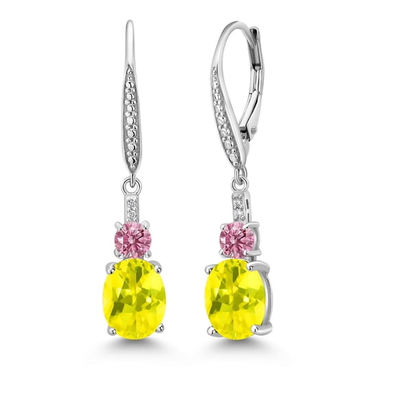 Gem Stone King 925 Sterling Silver Canary Mystic Topaz and Pink and White Lab Grown Diamond Dangle Earrings for Women (4.53 Cttw, Oval 9X7MM)