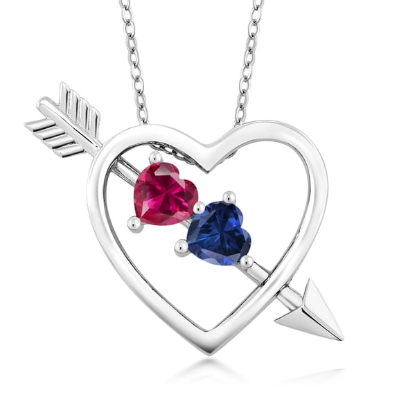 Gem Stone King 1.21 Cttw Created Ruby and Created Sapphire Heart and Arrow Pendant Necklace for Women | 925 Sterling Silver | With 18 inch Silver Chain